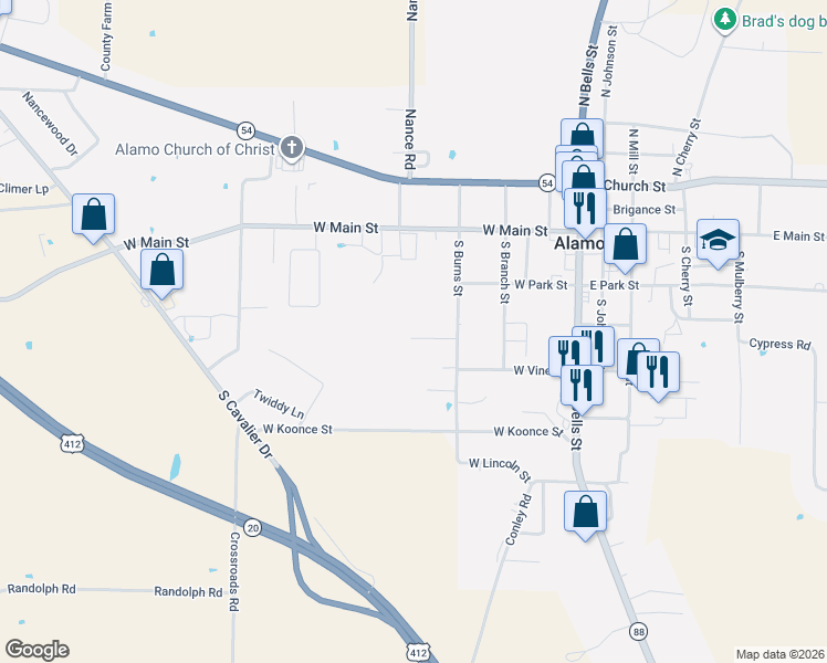 map of restaurants, bars, coffee shops, grocery stores, and more near 96 West Tanner Street in Alamo
