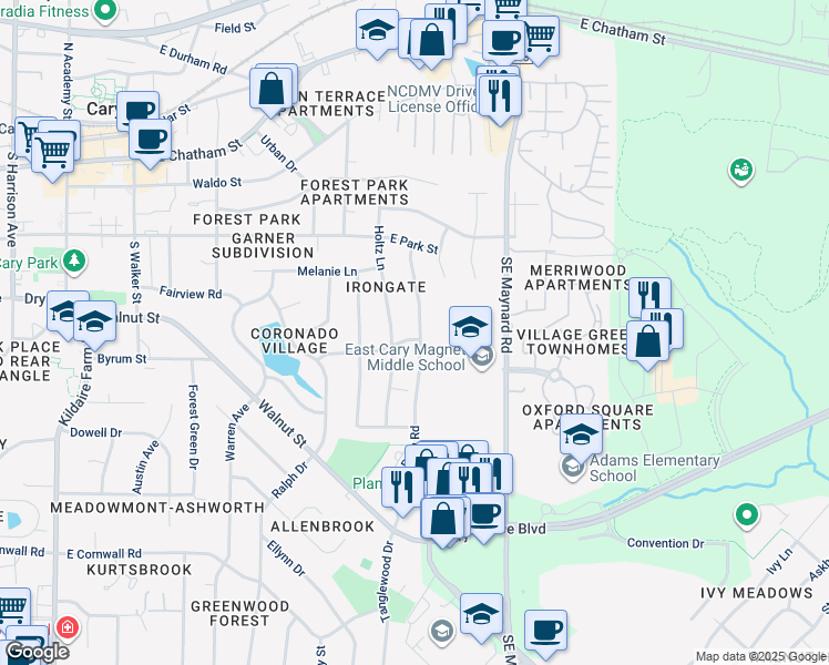 map of restaurants, bars, coffee shops, grocery stores, and more near 305 Abbey Lane in Cary