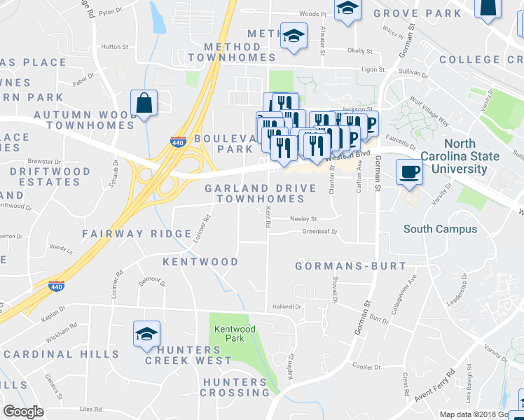map of restaurants, bars, coffee shops, grocery stores, and more near 4206 Perserverance Court in Raleigh