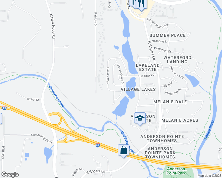 map of restaurants, bars, coffee shops, grocery stores, and more near 508 Hanska Way in Raleigh