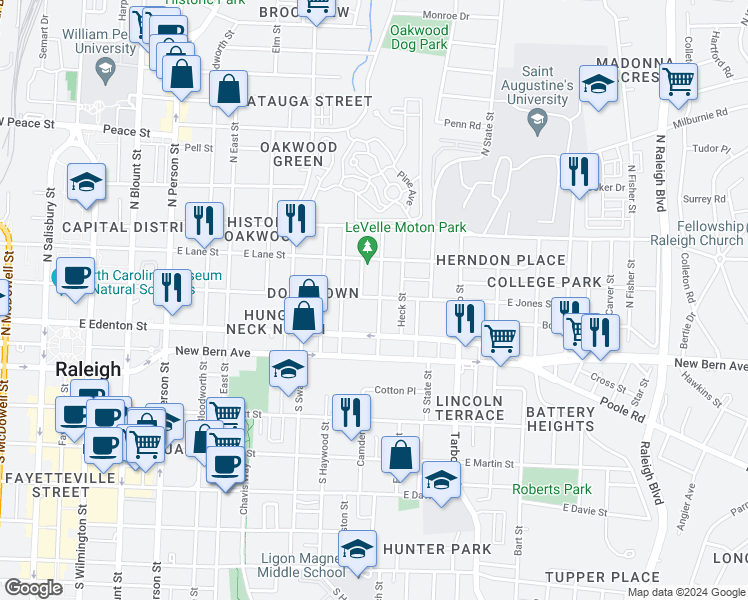 map of restaurants, bars, coffee shops, grocery stores, and more near 206 Idlewild Avenue in Raleigh