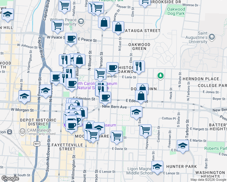 map of restaurants, bars, coffee shops, grocery stores, and more near 401 East Jones Street in Raleigh