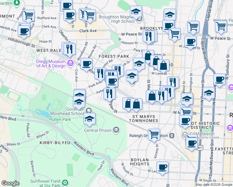map of restaurants, bars, coffee shops, grocery stores, and more near 927 West Morgan Street in Raleigh