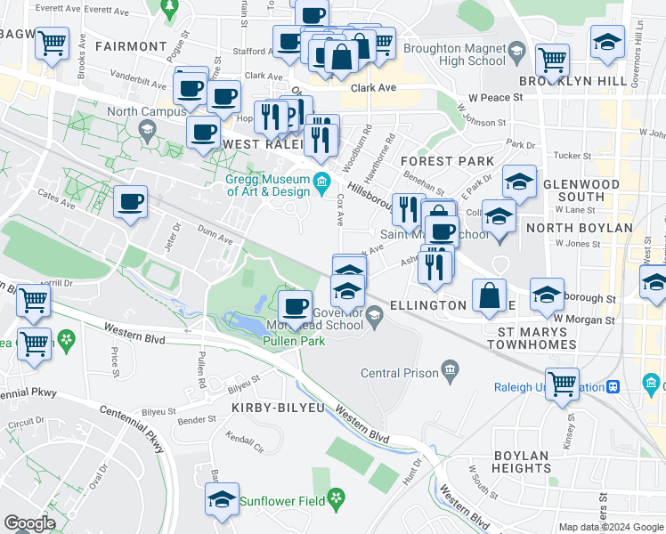 map of restaurants, bars, coffee shops, grocery stores, and more near 218 Cox Avenue in Raleigh