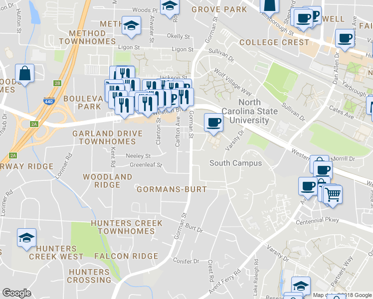 map of restaurants, bars, coffee shops, grocery stores, and more near 1128 Gorman Street in Raleigh