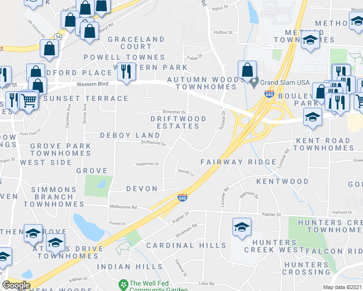 map of restaurants, bars, coffee shops, grocery stores, and more near 1212 Schaub Drive in Raleigh
