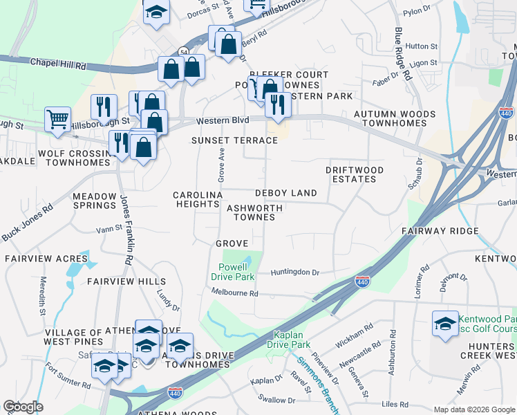 map of restaurants, bars, coffee shops, grocery stores, and more near 703 Powell Drive in Raleigh