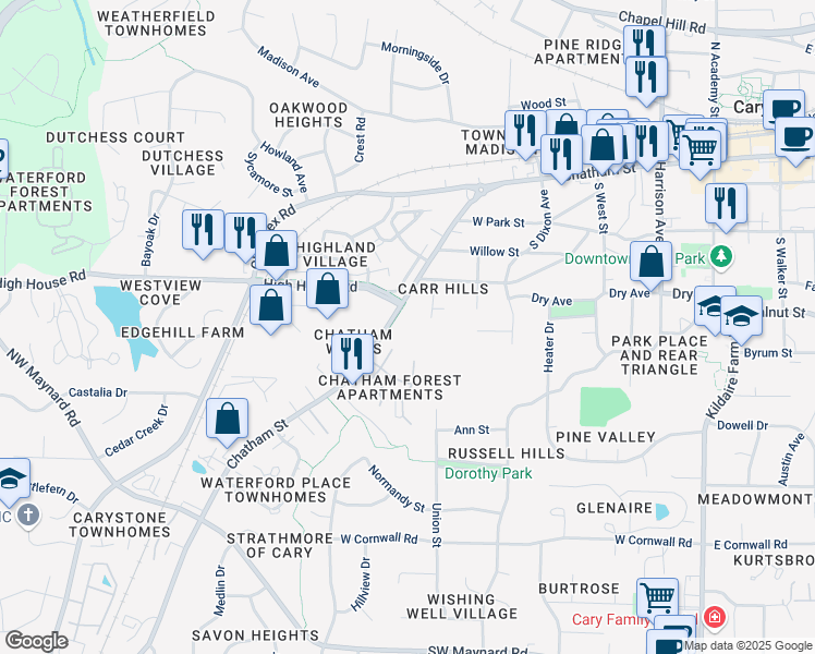 map of restaurants, bars, coffee shops, grocery stores, and more near in Cary