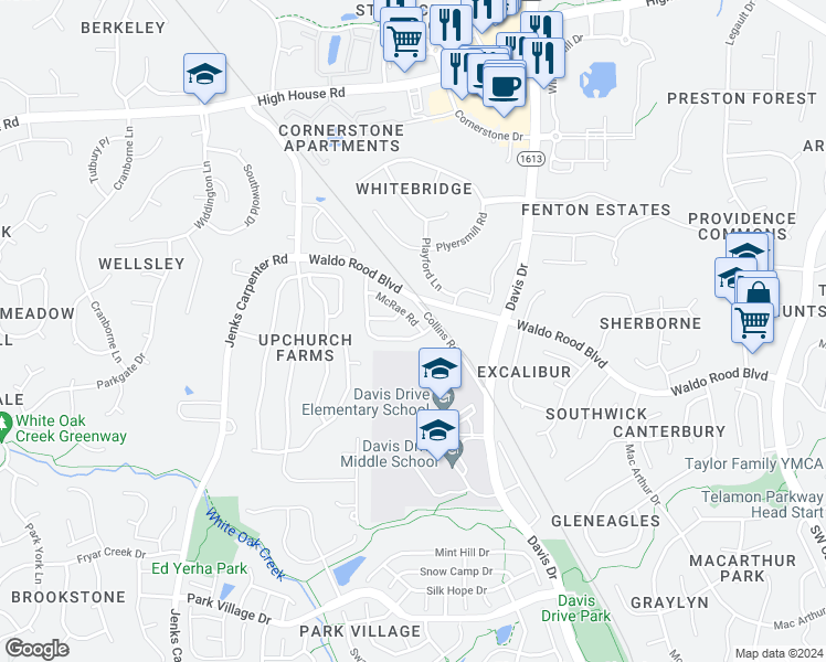 map of restaurants, bars, coffee shops, grocery stores, and more near 758 McRae Road in Cary