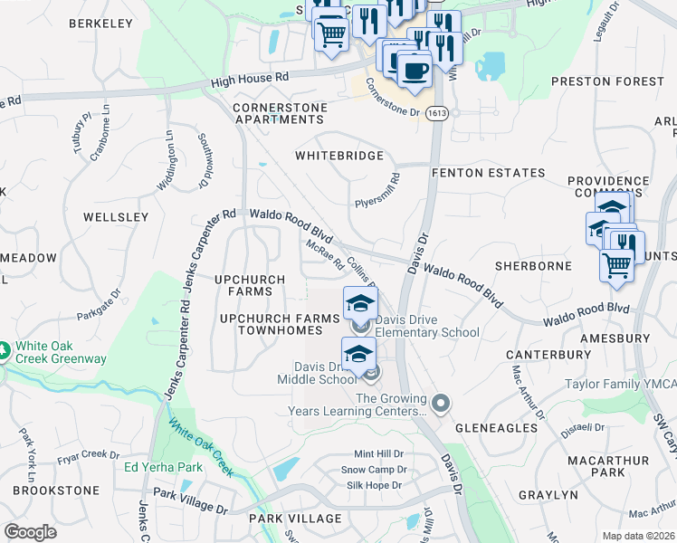 map of restaurants, bars, coffee shops, grocery stores, and more near 744 McRae Road in Cary