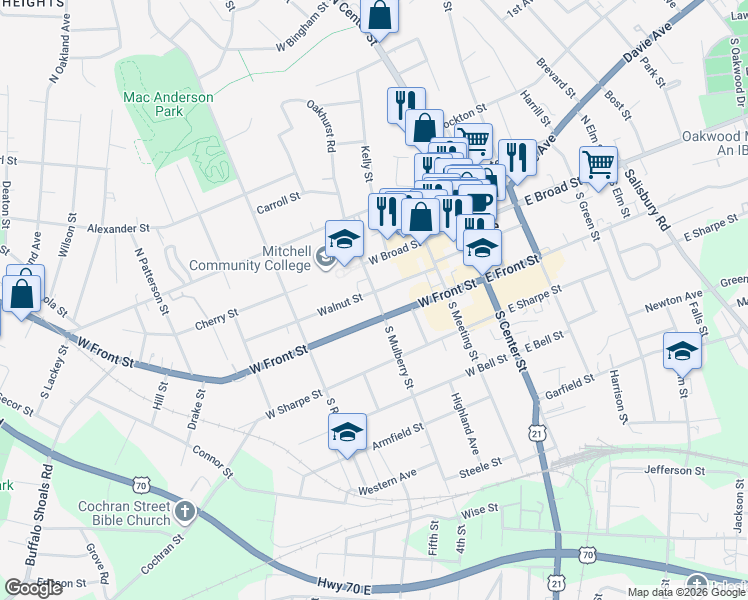 map of restaurants, bars, coffee shops, grocery stores, and more near 405 Walnut Street in Statesville