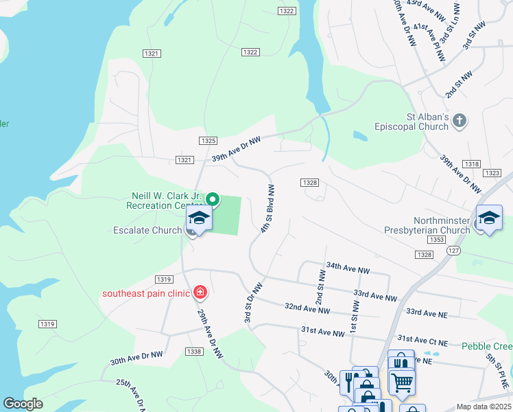 map of restaurants, bars, coffee shops, grocery stores, and more near 3520 5th Street Drive Northwest in Hickory