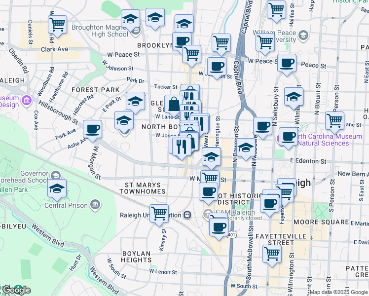 map of restaurants, bars, coffee shops, grocery stores, and more near 617 West Jones Street in Raleigh