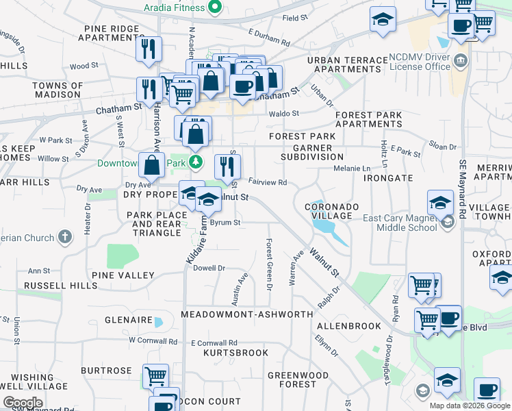 map of restaurants, bars, coffee shops, grocery stores, and more near 246 Walnut Street in Cary