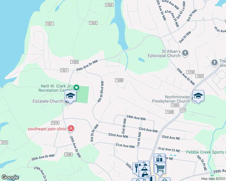 map of restaurants, bars, coffee shops, grocery stores, and more near 241 36th Avenue Circle Northwest in Hickory