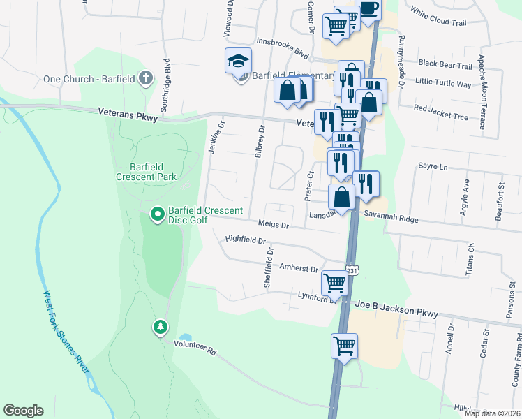 map of restaurants, bars, coffee shops, grocery stores, and more near 3235 Bilbrey Drive in Murfreesboro
