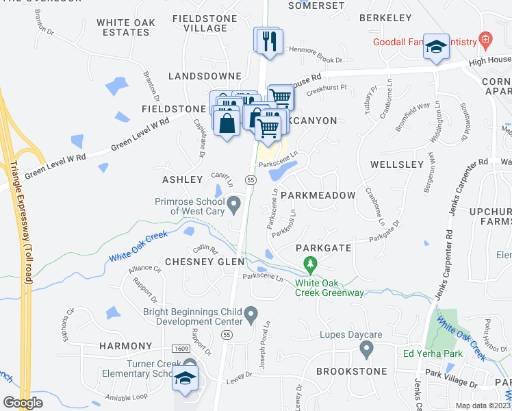 map of restaurants, bars, coffee shops, grocery stores, and more near 110 Park Oaks Court in Cary