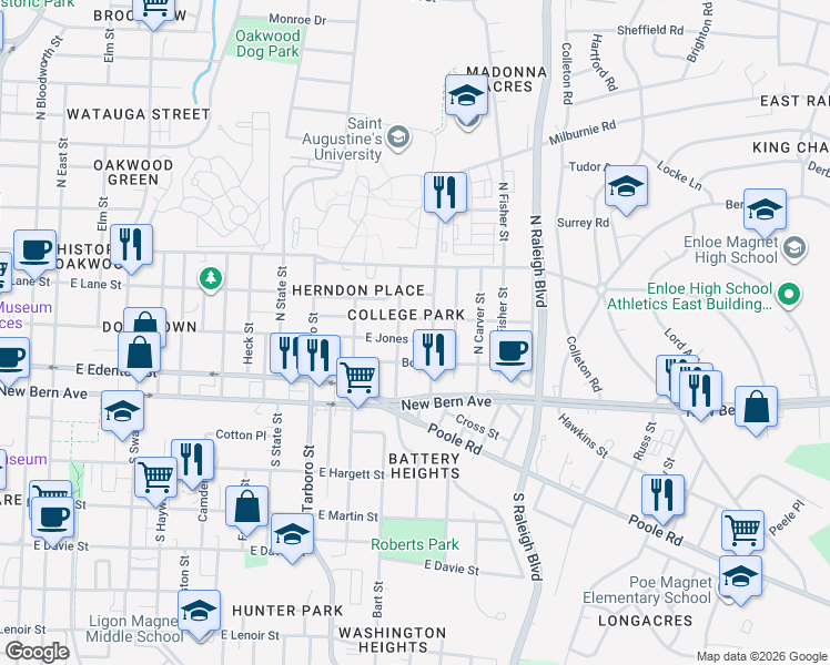 map of restaurants, bars, coffee shops, grocery stores, and more near 1511 East Jones Street in Raleigh