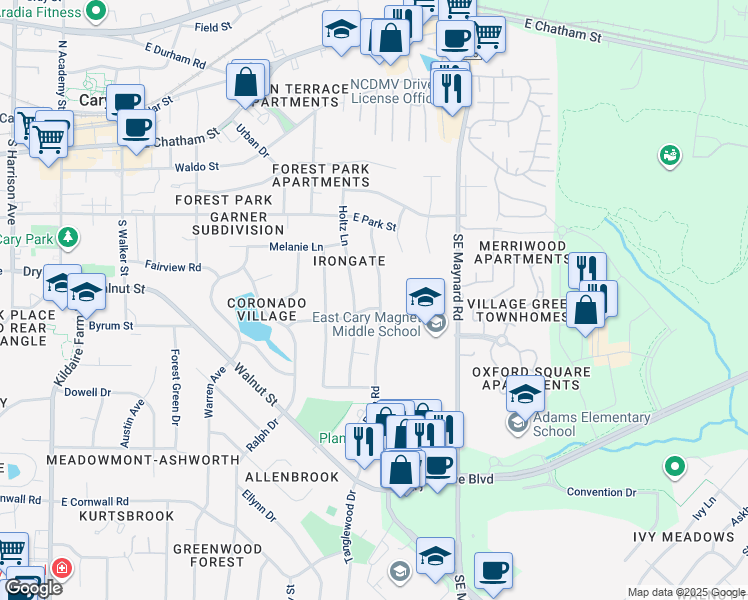 map of restaurants, bars, coffee shops, grocery stores, and more near 305 Abbey Lane in Cary