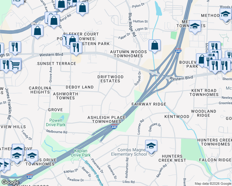 map of restaurants, bars, coffee shops, grocery stores, and more near 1212 Schaub Drive in Raleigh