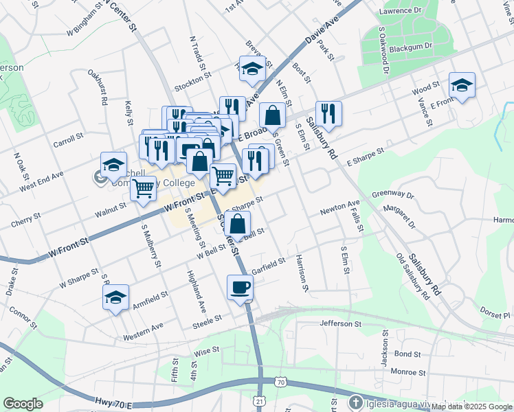 map of restaurants, bars, coffee shops, grocery stores, and more near 150 East Sharpe Street in Statesville