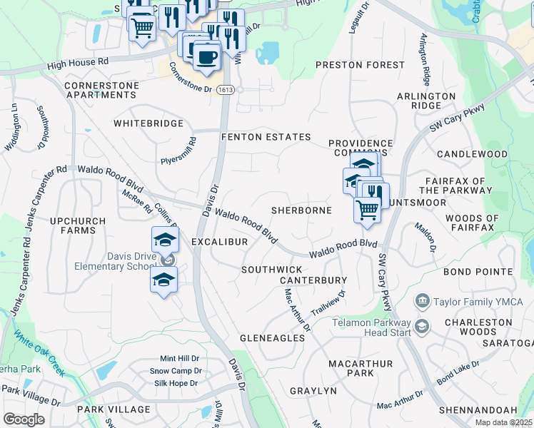map of restaurants, bars, coffee shops, grocery stores, and more near 105 Bradwyck Drive in Cary