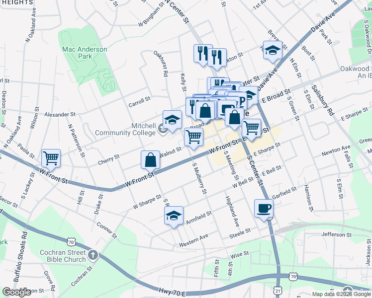 map of restaurants, bars, coffee shops, grocery stores, and more near 405 Walnut Street in Statesville