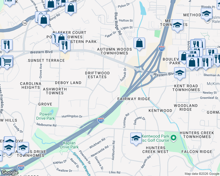 map of restaurants, bars, coffee shops, grocery stores, and more near 1126 Schaub Drive in Raleigh