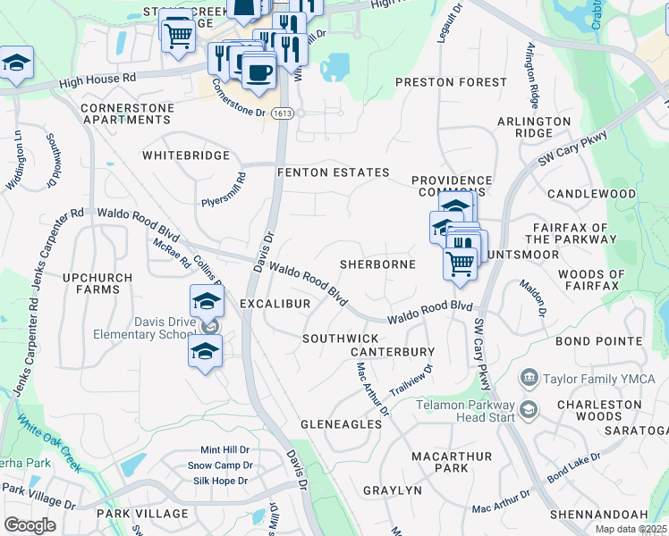 map of restaurants, bars, coffee shops, grocery stores, and more near 105 Bradwyck Drive in Cary