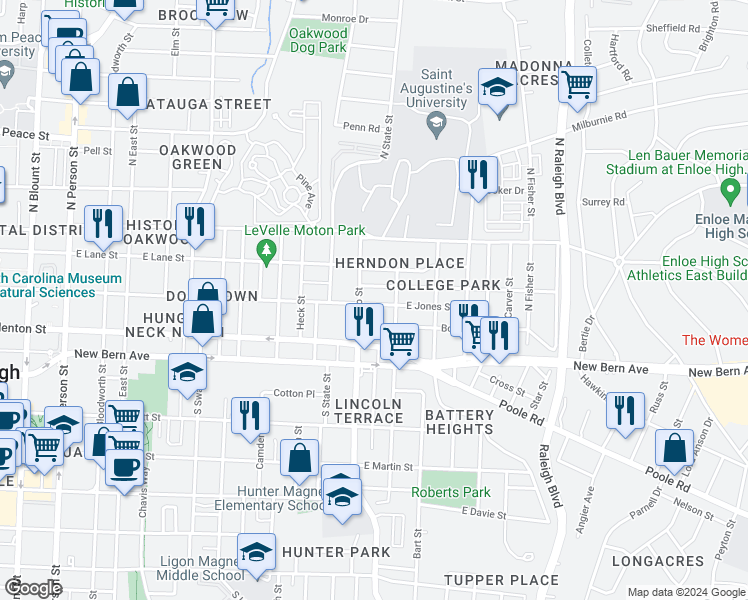 map of restaurants, bars, coffee shops, grocery stores, and more near 1303 East Jones Street in Raleigh