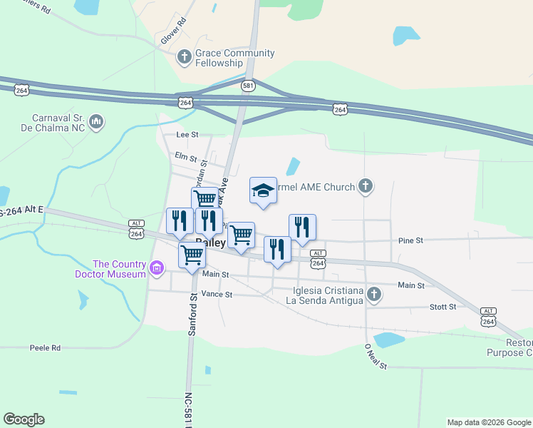 map of restaurants, bars, coffee shops, grocery stores, and more near 6288 Pine Street in Bailey