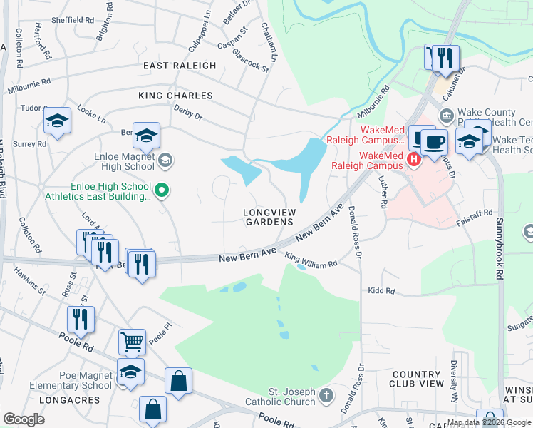 map of restaurants, bars, coffee shops, grocery stores, and more near 115 Longview Lake Drive in Raleigh