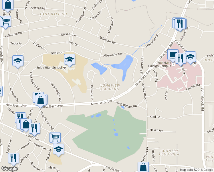 map of restaurants, bars, coffee shops, grocery stores, and more near 204 Oak Point Court in Raleigh