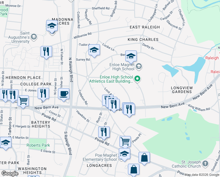 map of restaurants, bars, coffee shops, grocery stores, and more near 301 Lord Berkley Road in Raleigh