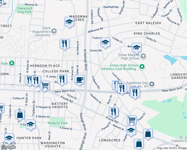 map of restaurants, bars, coffee shops, grocery stores, and more near 208 Colleton Road in Raleigh