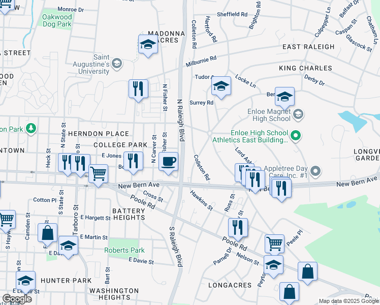 map of restaurants, bars, coffee shops, grocery stores, and more near 208 Colleton Road in Raleigh