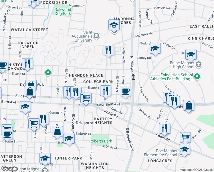 map of restaurants, bars, coffee shops, grocery stores, and more near in Raleigh