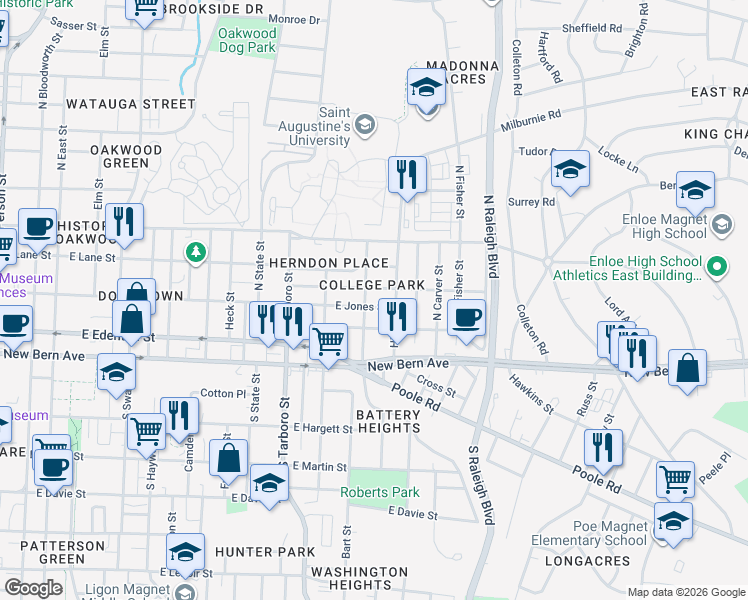 map of restaurants, bars, coffee shops, grocery stores, and more near in Raleigh