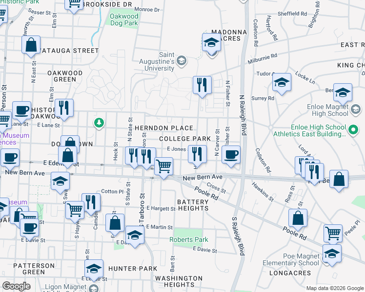 map of restaurants, bars, coffee shops, grocery stores, and more near 1214 Pender Street in Raleigh