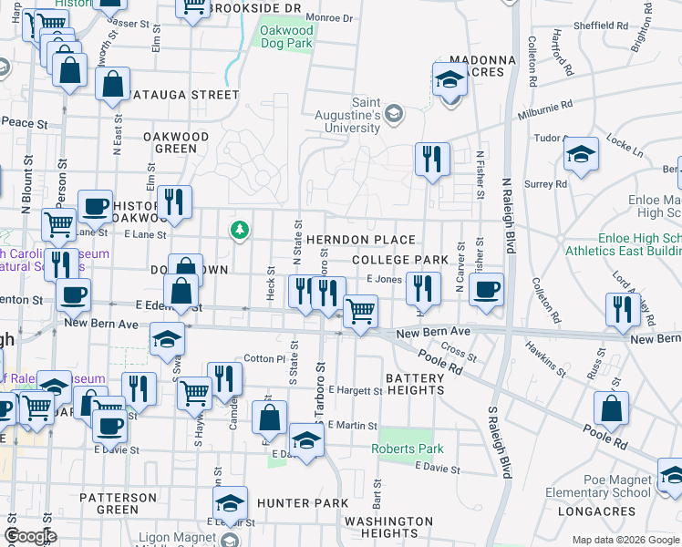map of restaurants, bars, coffee shops, grocery stores, and more near 1114 Pender Street in Raleigh