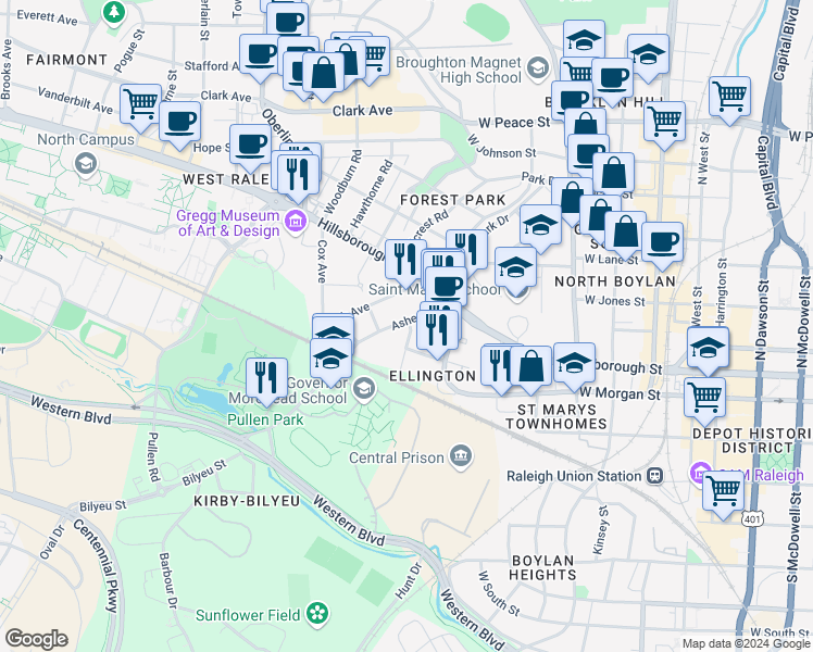 map of restaurants, bars, coffee shops, grocery stores, and more near in Raleigh