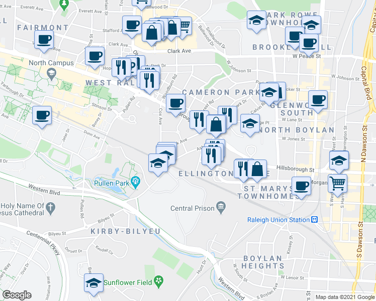 map of restaurants, bars, coffee shops, grocery stores, and more near 1306 Flint Place in Raleigh