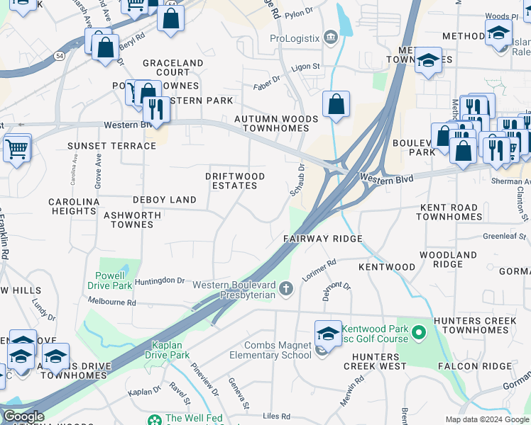 map of restaurants, bars, coffee shops, grocery stores, and more near 1287 Schaub Drive in Raleigh