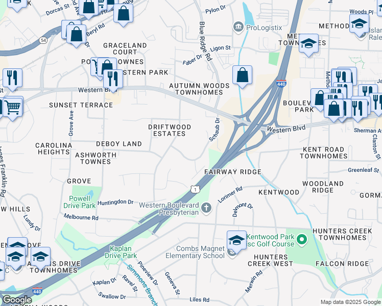 map of restaurants, bars, coffee shops, grocery stores, and more near 1126 Schaub Drive in Raleigh
