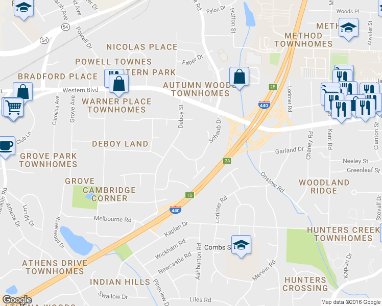 map of restaurants, bars, coffee shops, grocery stores, and more near 1126 Schaub Drive in Raleigh