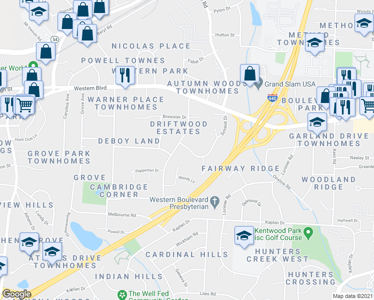 map of restaurants, bars, coffee shops, grocery stores, and more near 1212 Schaub Drive in Raleigh