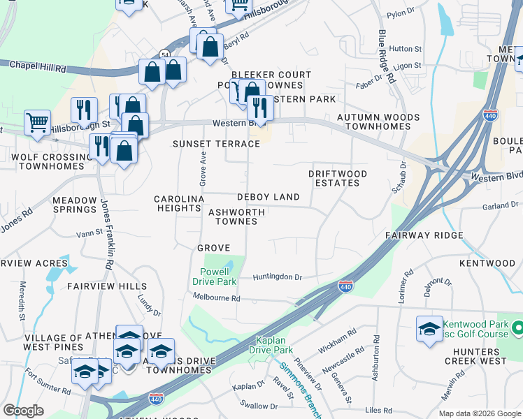 map of restaurants, bars, coffee shops, grocery stores, and more near 703 Powell Drive in Raleigh