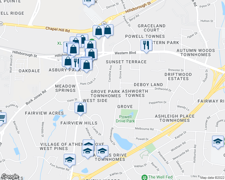 map of restaurants, bars, coffee shops, grocery stores, and more near 719 Carolina Avenue in Raleigh