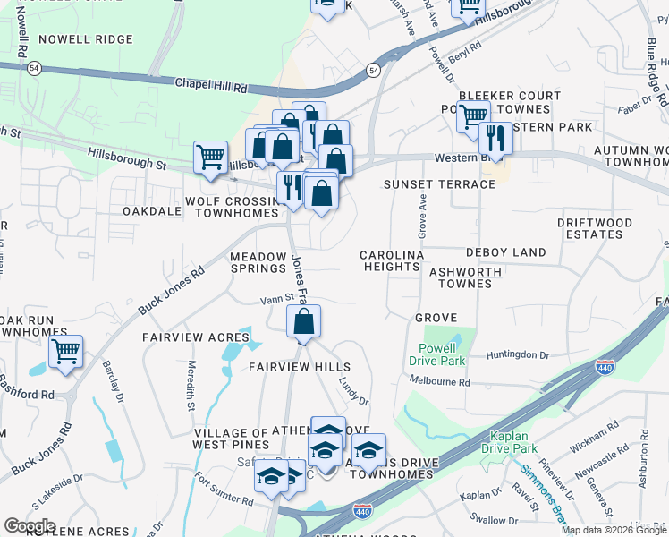 map of restaurants, bars, coffee shops, grocery stores, and more near 4816 Blue Bird Court in Raleigh