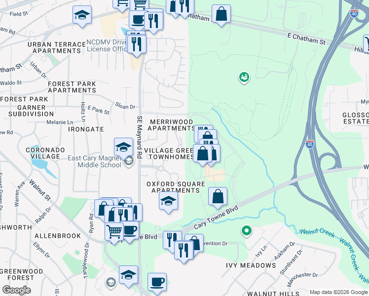 map of restaurants, bars, coffee shops, grocery stores, and more near 819 Kensington Drive in Cary